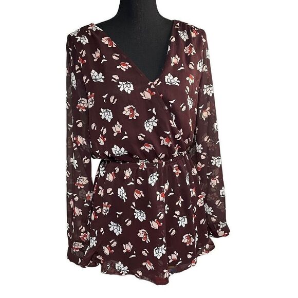 ASTR Burgundy Floral Ruffle Hem Romper - Picture 1 of 9
